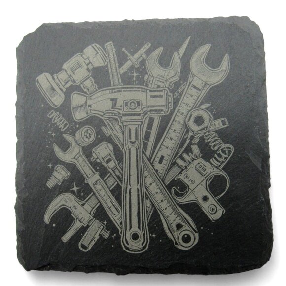 COASTERS TOOL Themed Personalizable Black Slate Set Of 4 Hand Tools Customizable - Picture 3 of 8